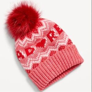Old Navy Pink & White Knit Pom-Pom Hat